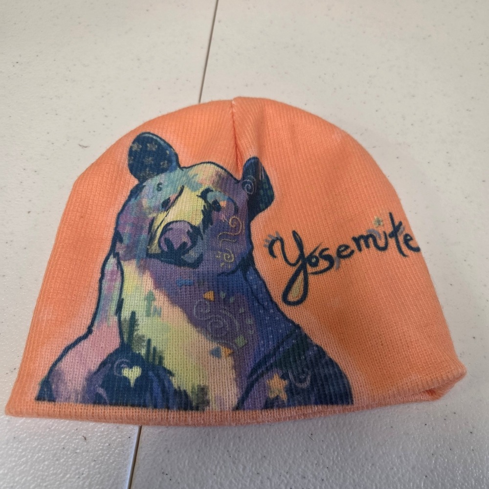 Yosemite National Park Bear Graphic Beanie Hat Orange Acrylic Knit Cap One Size
